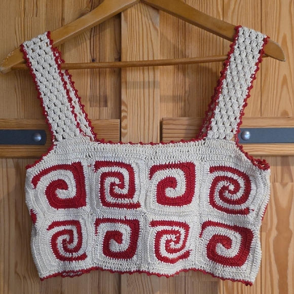 NEW $250 RHODE SLOANE HAND CROCHET CROP TOP IN RED & CREAM SIZE S - Picture 2 of 11